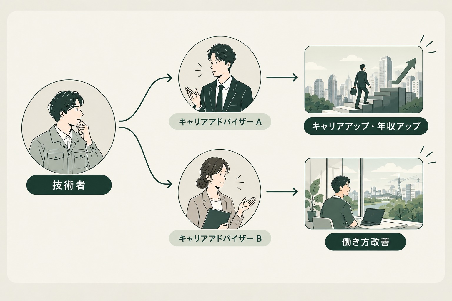 キャリアアドバイザーによって見える選択肢が変わる図解