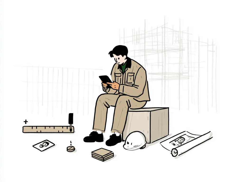 現場の休憩所で、若い建築技術者がスマートフォンで自分の年収の位置を確かめているイラスト