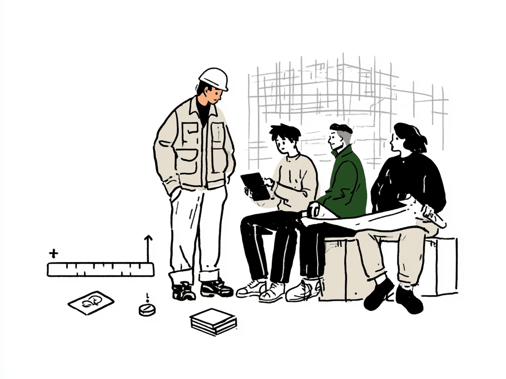 建築の現場で働く人たちと、その課題をほどいていく小さな道具たちのイラスト