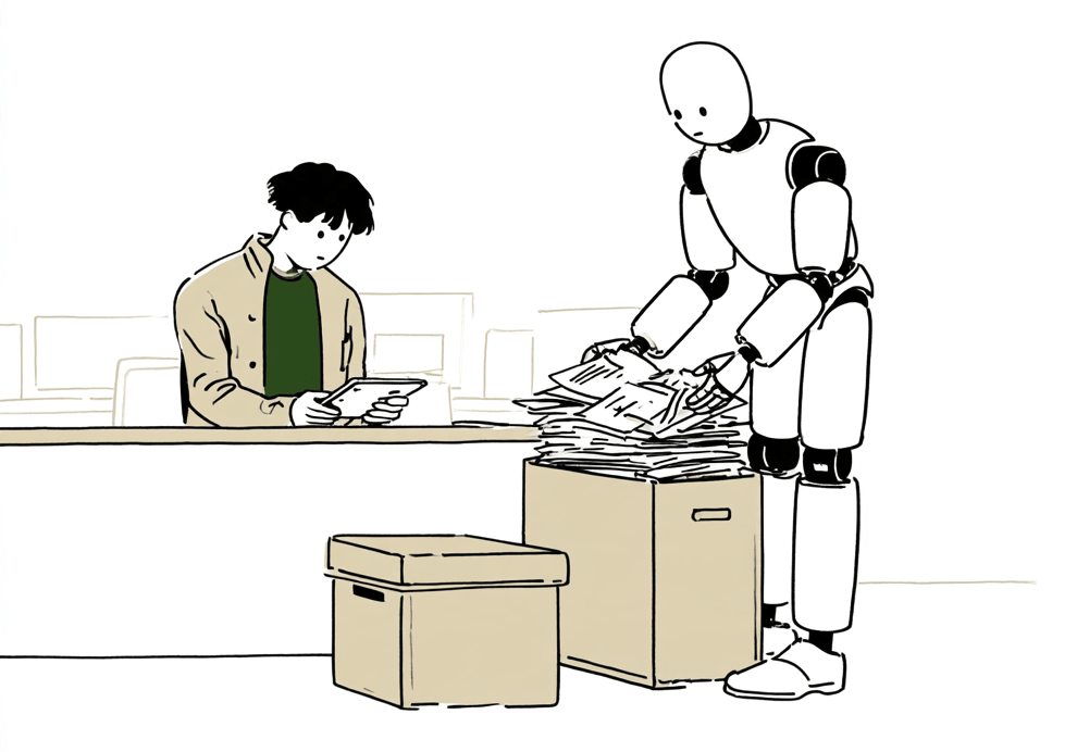 少人数のチームがAIと並んで働いているイラスト