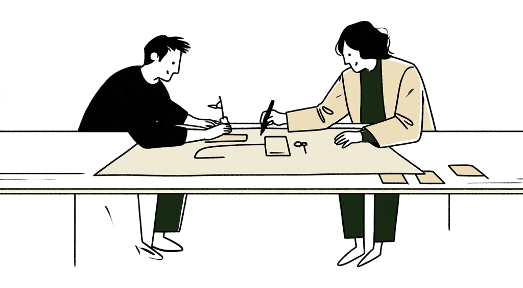 企業とタテモンが一緒に企画を考えているイラスト