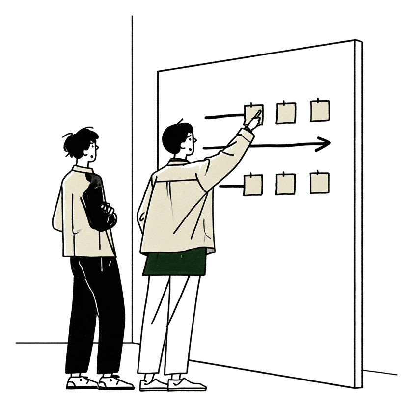 採用担当者と一緒に採用の仕組みをつくっているイラスト