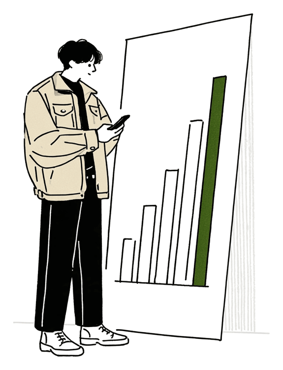 年収の分布の中で自分の位置を確かめているイラスト