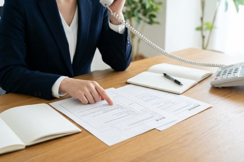 キャリアアドバイザーが職務経歴書を指でなぞりながら、企業へ電話で転職の経緯を説明している手元