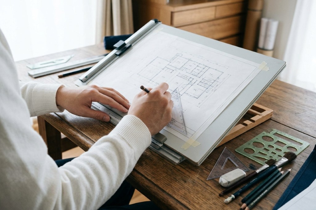 製図板の上で木造住宅の平面図を描いている手元と、並べた製図用具
