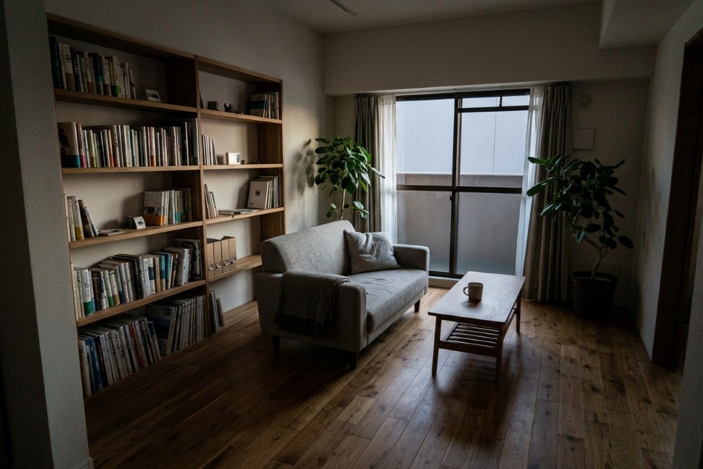 木の床と造り付けの本棚がある、リノベーションされたマンションのリビング