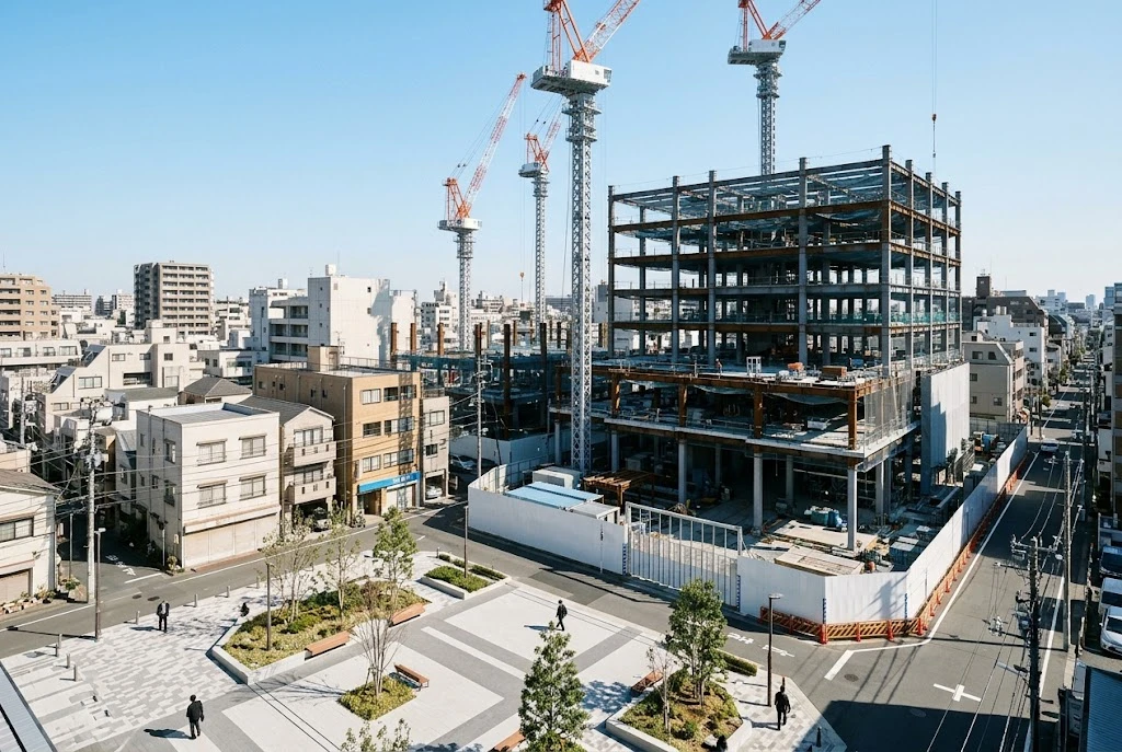 古い建物の隣でクレーンが立ち、新しいビルの骨組みが立ち上がる再開発中の街区
