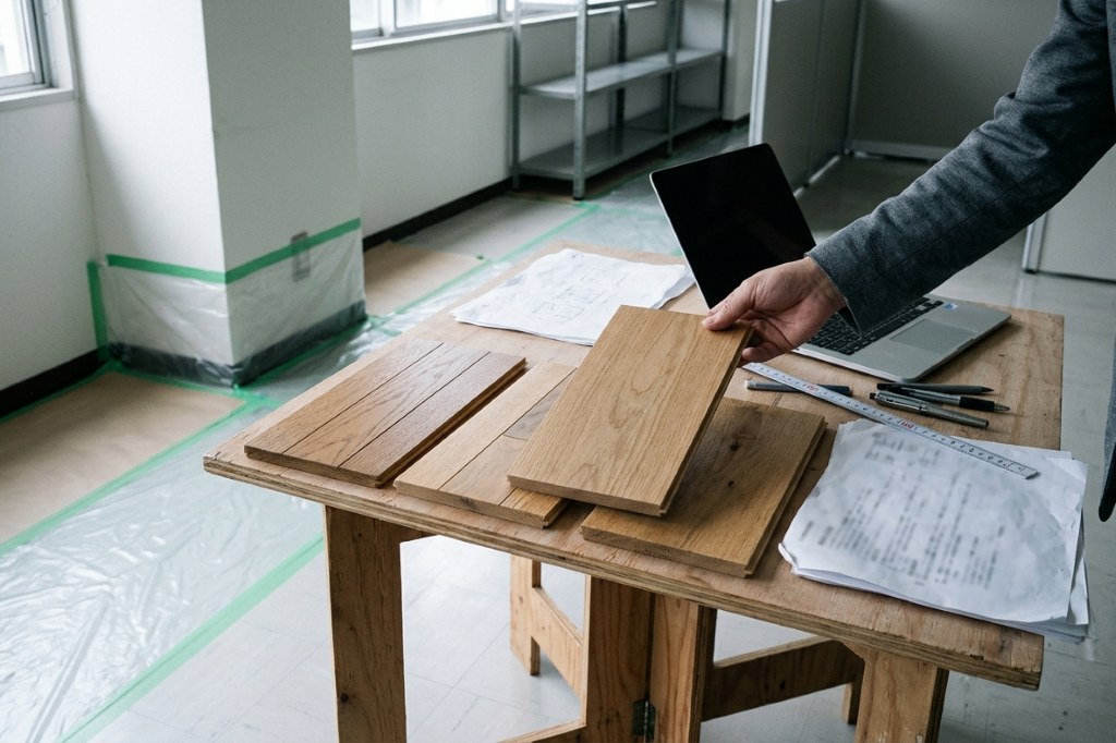 改修を終えたオフィスで、木の床材のサンプル板を持つ手元