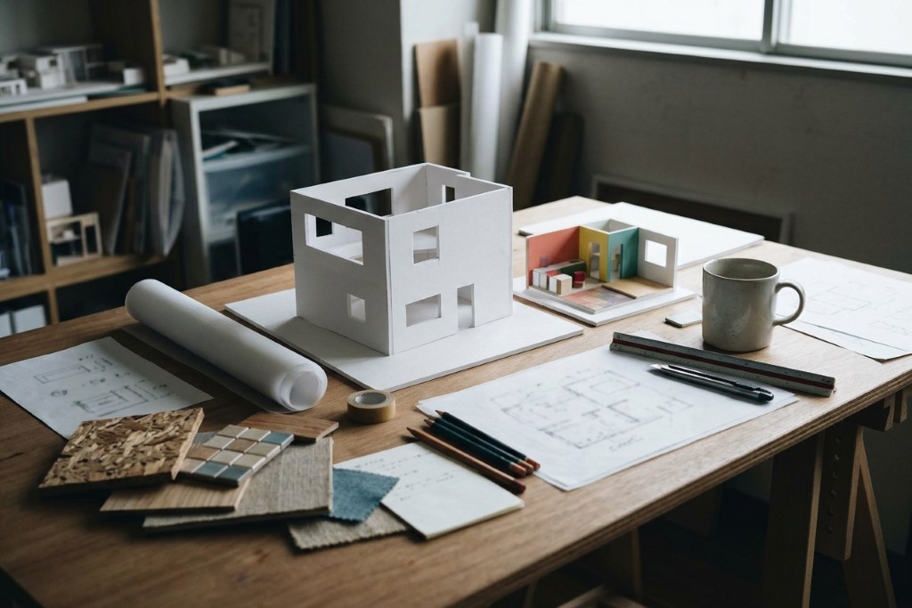 建物の模型と内装の模型、素材サンプルが並ぶ、空間デザイン会社のスタジオの作業机