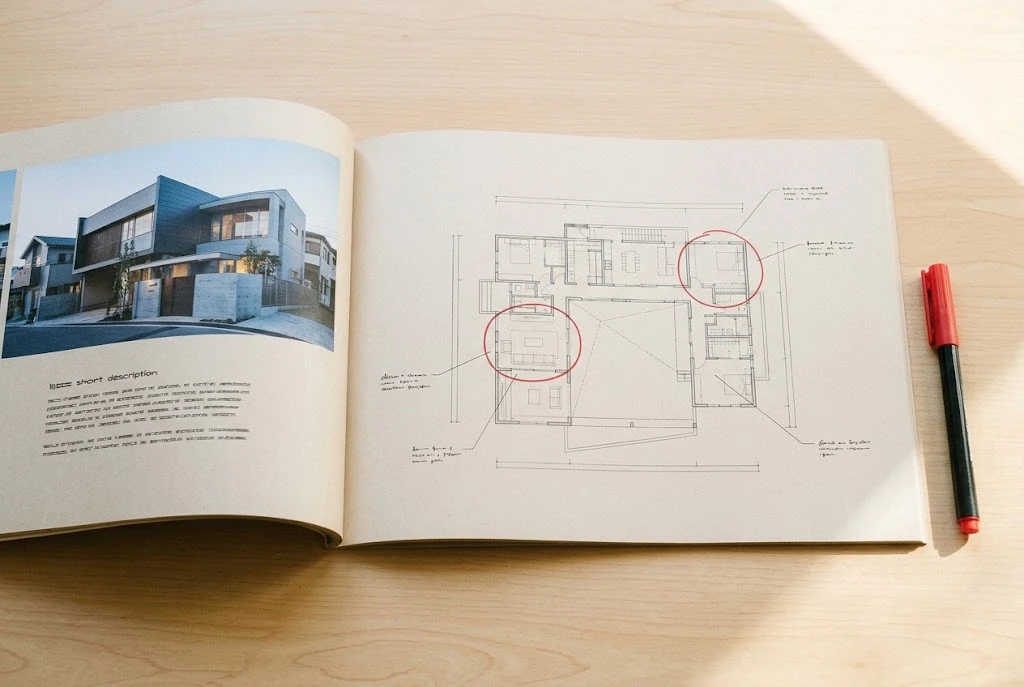建物の写真と平面図を並べ、図面のこだわった部分を赤い丸で示したポートフォリオの見開き