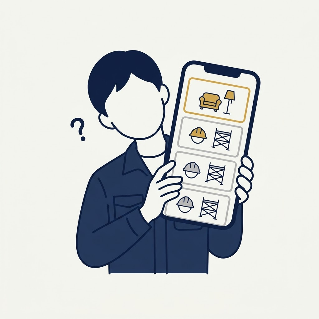 インテリアの仕事を希望しているのに、施工管理の求人ばかりがスマートフォンに届いて首をかしげる求職者のイラスト