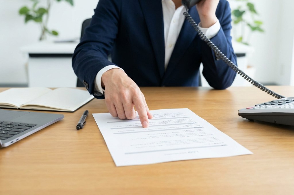 キャリアアドバイザーが職務経歴書を指でなぞりながら、書類を送る前に企業へ電話している手元